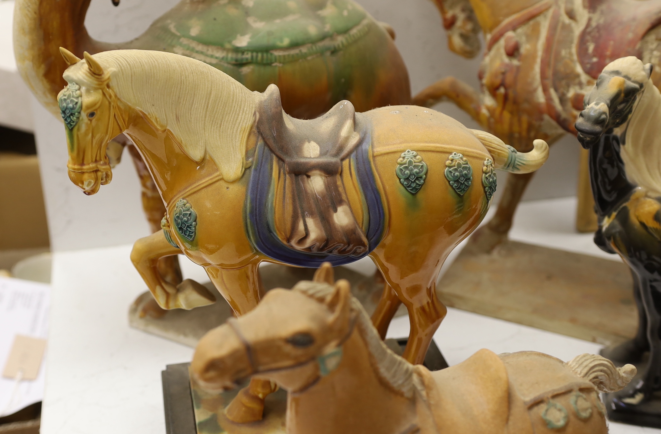 A group of Tang style Chinese Sancai glazed horse and cannon figures (later reproductions) tallest 44cm